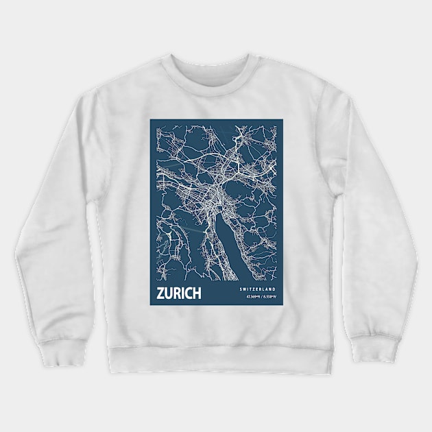 Zurich Blueprint Street Map, Zurich Colour Map Prints Crewneck Sweatshirt by tienstencil